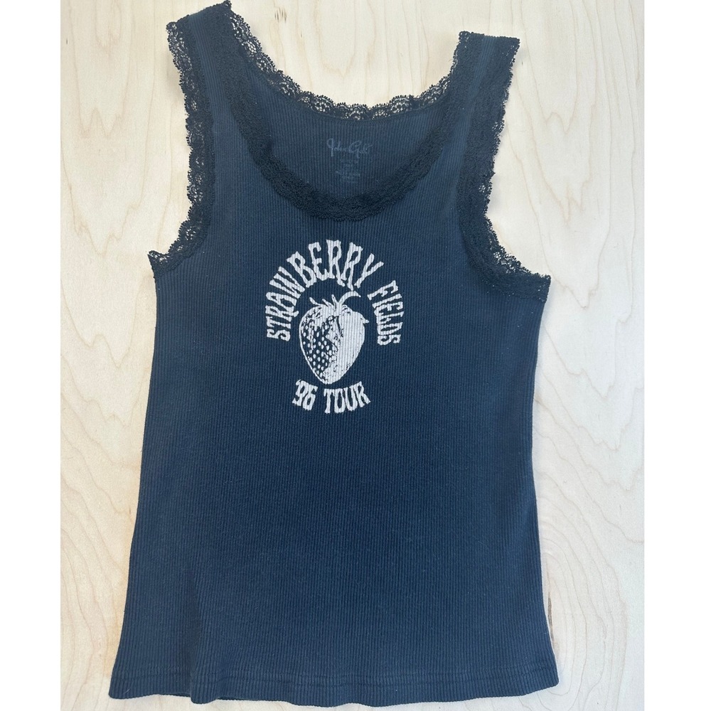 Tank Top Black Lace Trim Strawberry Fields 96 Tour Ribbed Size XS